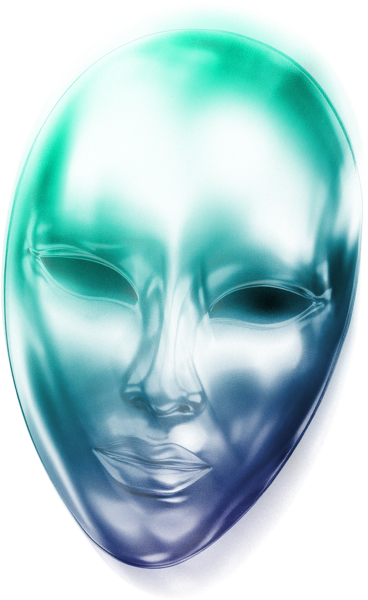 Chrome mask sculpture — the Zenith identity